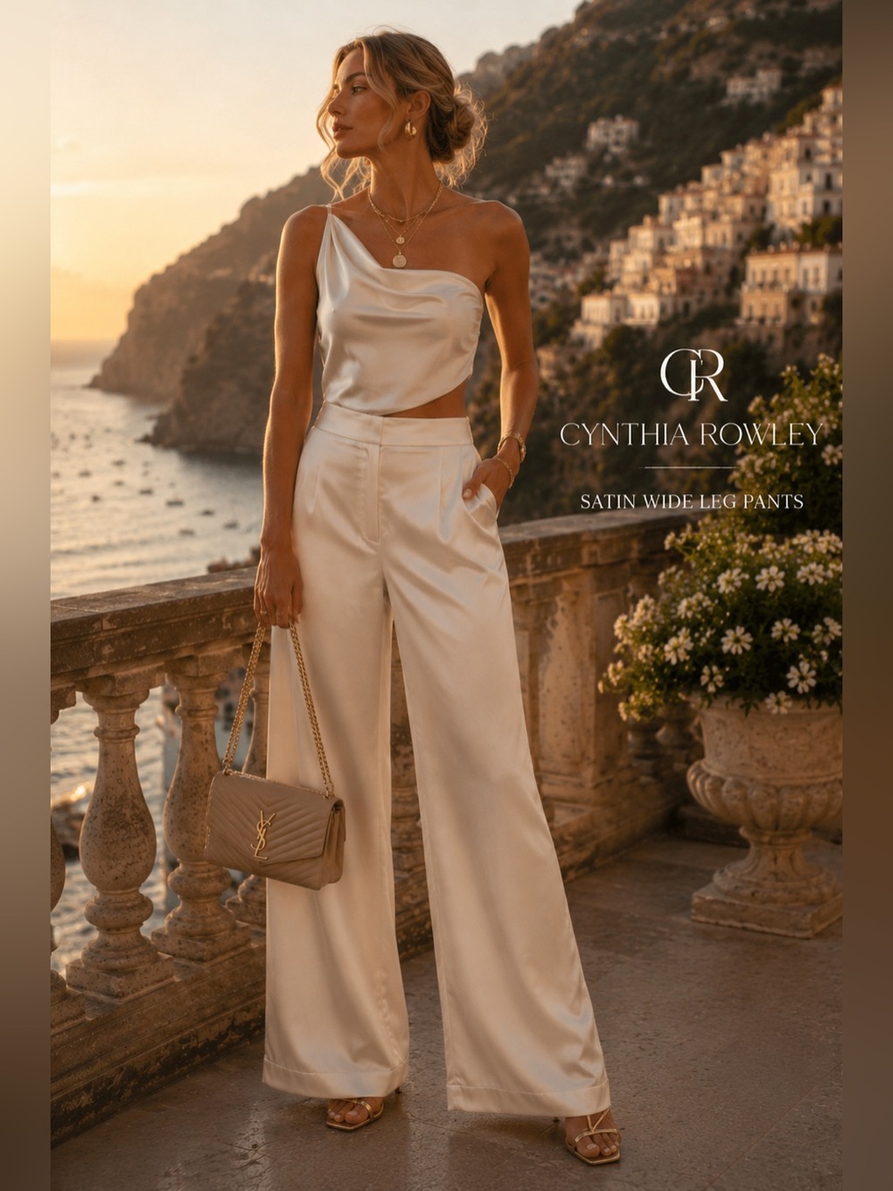 Cynthia Rowley Cream Satin Wide Leg  Luxe Minimal Chic High Rise Silky Trousers